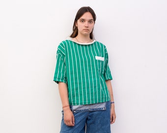 Women's L 80's Pinstriped Green Tie Top Blouse Streetwear, Sportwear tee pocket striped pinstriped Retro Vintage Short sleeved 1980's 2v