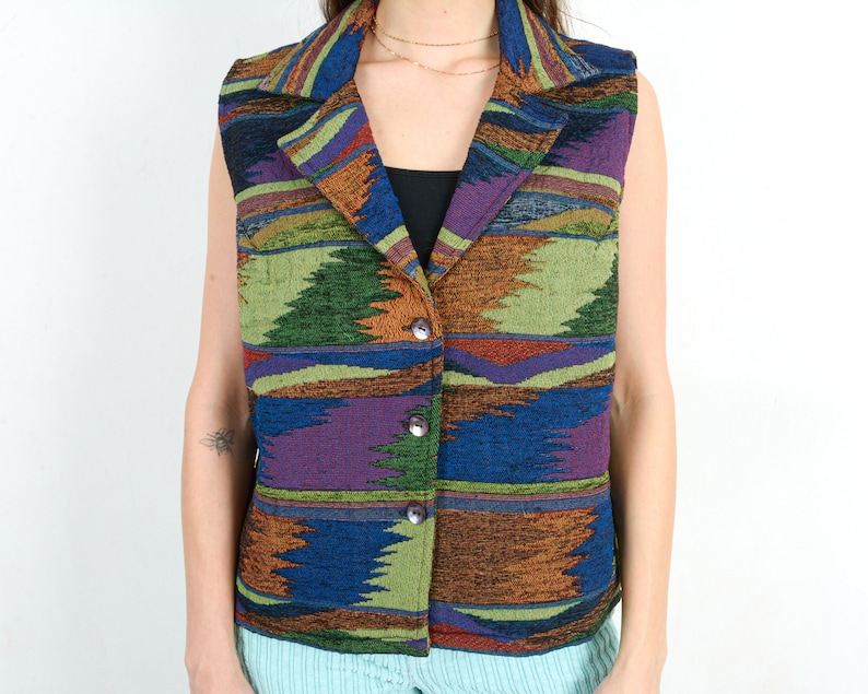 Vintage Women's Woven Vest L Tank Gilet Waistcoat Multi Colour Aztec Cotton Authentic, Southwestern Jacket y2k coat cardigan Blazer 2d image 5