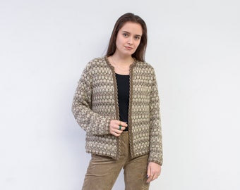 Cardigan M en laine pour femme vintage des années 80, veste pull léger en tricot Beige marron motif rétro allemand tous les jours décontracté des années 80, Allemagne de l'Ouest haut 2v