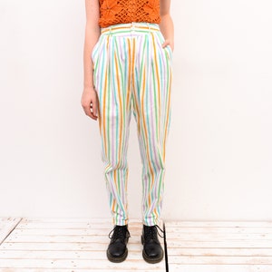 Vintage Pinstriped 80's M White Colourful High Waist W27 L32 Trousers Pants Funky VTG Summer Fashion Bottoms Funk Disco 2v