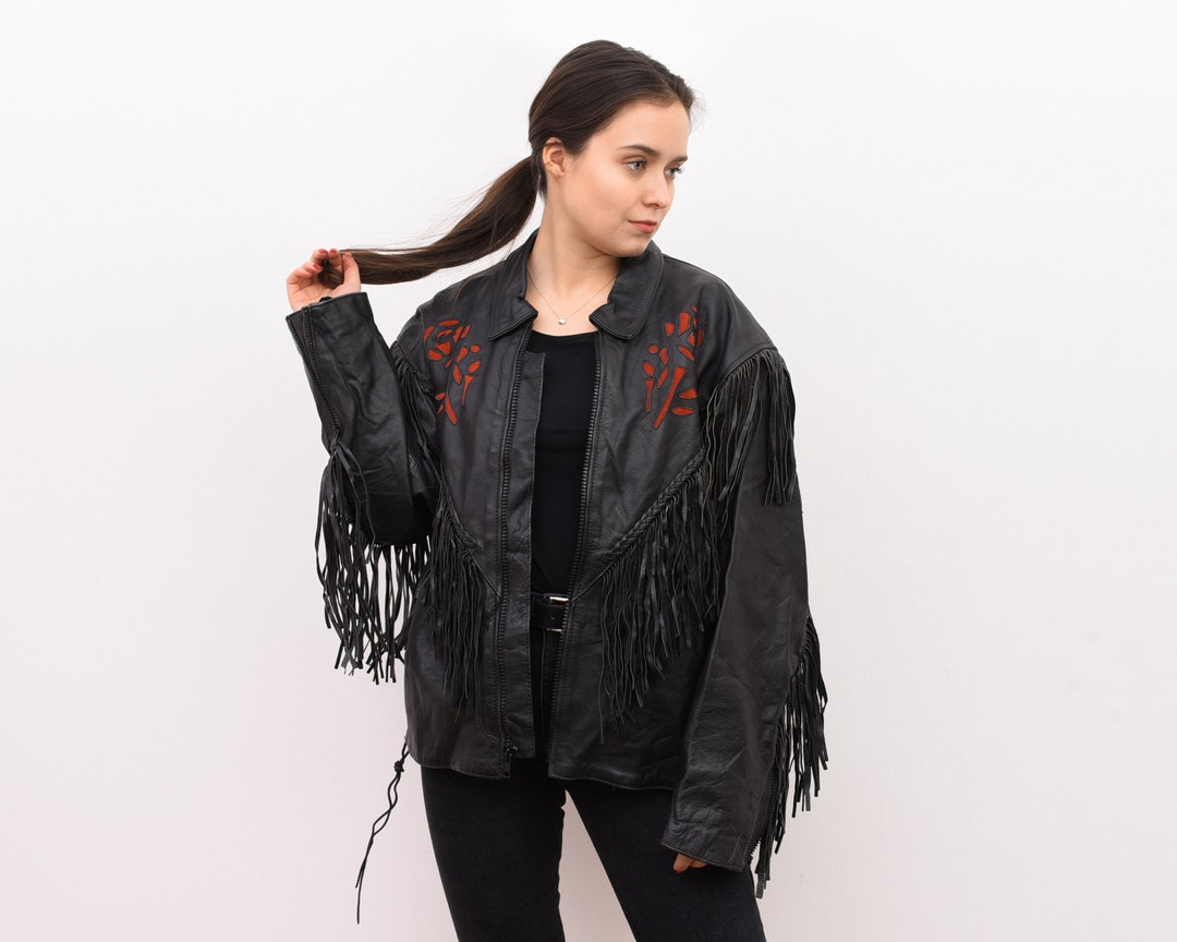 Vintage Women's L XL Fringe Leather Heavy Weight Jacket Coat Black
