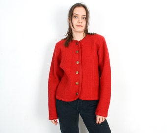 Vintage 80's TALLY HO Womens Petite M Wool Trachten Cardigan Sweater Jacket Jumper Red Button Up Octoberfest Warm Winter, Trachten Jager 3s