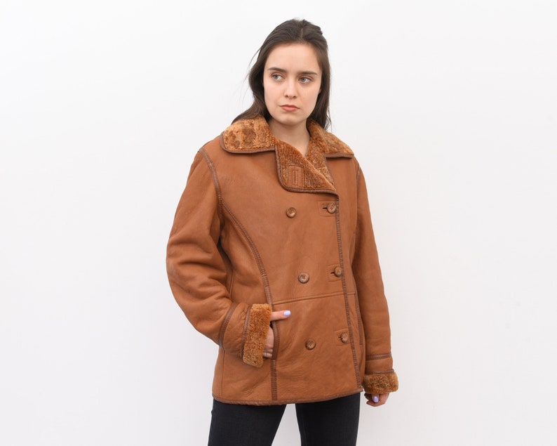 Vintage Women/'s Orange L Double Breasted Leather Coat Shearling Sherpa Jacket Winter Warm