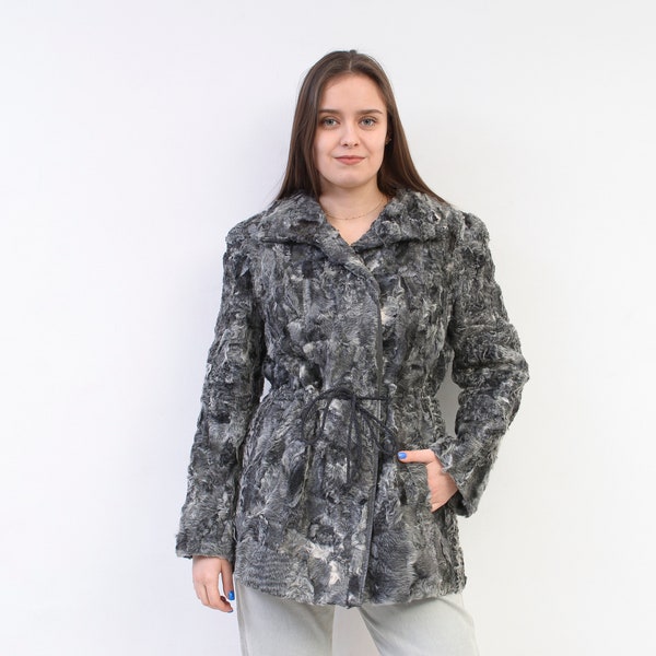 Vintage femmes S M manteau de fourrure en peau de mouton retournée veste gris pardessus classique hiver chaud rétro mi-longueur vêtements d'extérieur d'hiver 2v