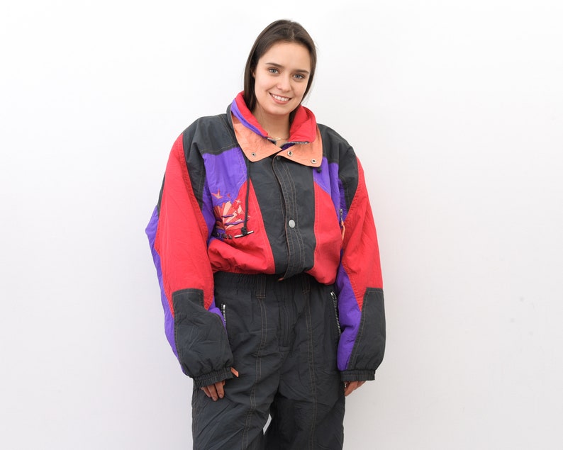 Vintage 90s Women XXL Funky Colour Blocks Multi Snowsuit Ski Suit Embroidered Dark Grey