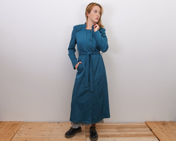 80's Women M Green Blue Long Classic Trench Coat R