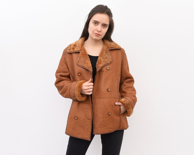 Vintage Women/'s Orange L Double Breasted Leather Coat Shearling Sherpa Jacket Winter Warm