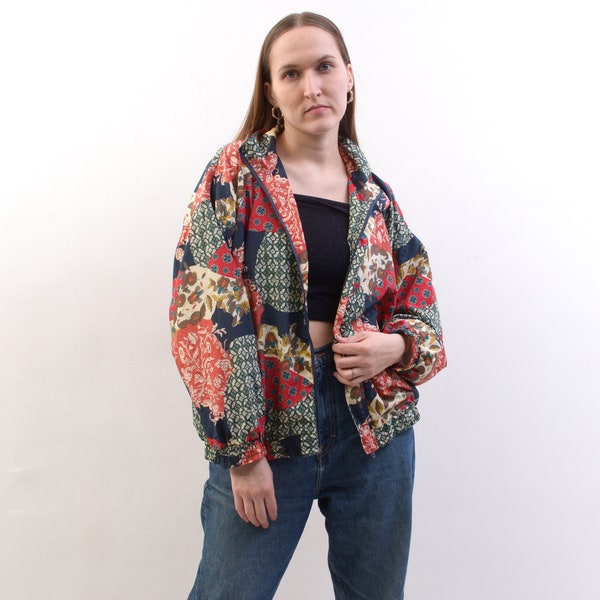 V.I.Petites Vintage 90s Women M L Jumper Floral Jacket Multicolour Flowers Pattern Coat Sports Bomber Shirt Full Zip Up Top Summer Spring 2b