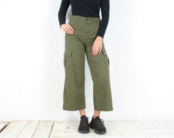 vintage Dickies Femmes W27 Pantalon cargo en coton à plusieurs poches Pantalons Vert armée Taille haute Pantalon large Camping 3n