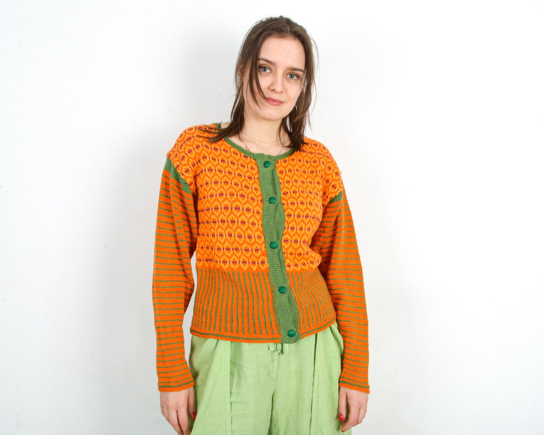 Vintage Women M Orange Cardigan Sweater Jacket Jumper Sweatshirt Button ...