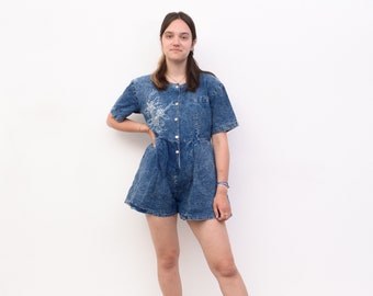 Vintage y2k Women's S M Denim Shorts Romper Shirt Jumpsuit Overall Embroidered Button Up, pullover pullon Short Sleeve Dress hand pockets 3l