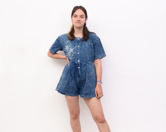 Vintage y2k Women's S M Denim Shorts Romper Shirt… - image 1