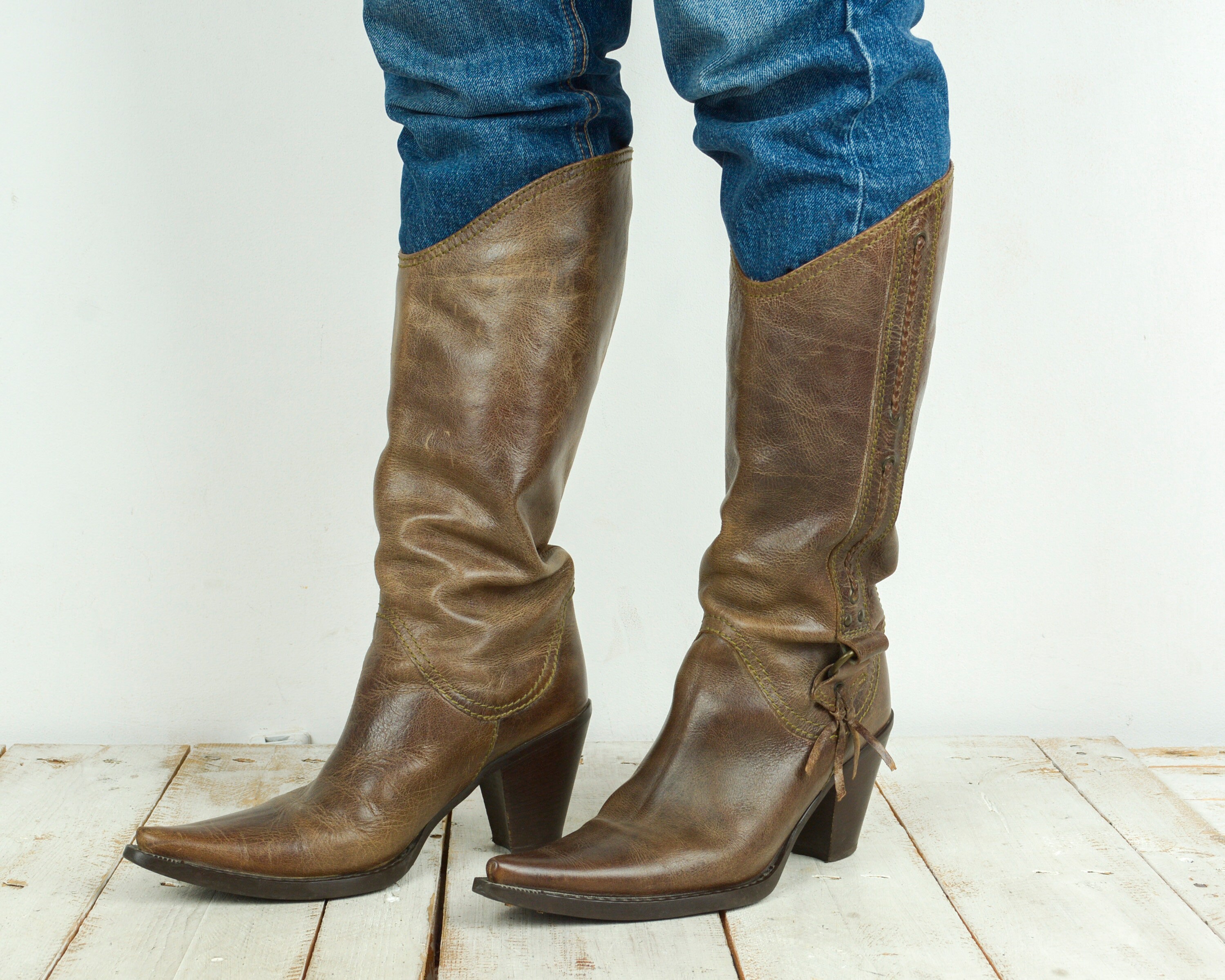 Asymmetrical Western Cowboy Pullons Womens Eu 40 Shoes UK 7 Leather US W 9 Boots Brown Vintage Cowgirl Long Pull Ons Ranch Wear Festival 4l Etsy UK