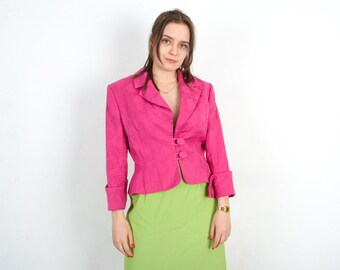 Blazer de costume rose vif pour femme vintage, veste manteau boutonné, haut court, bureau élégant, 2 v