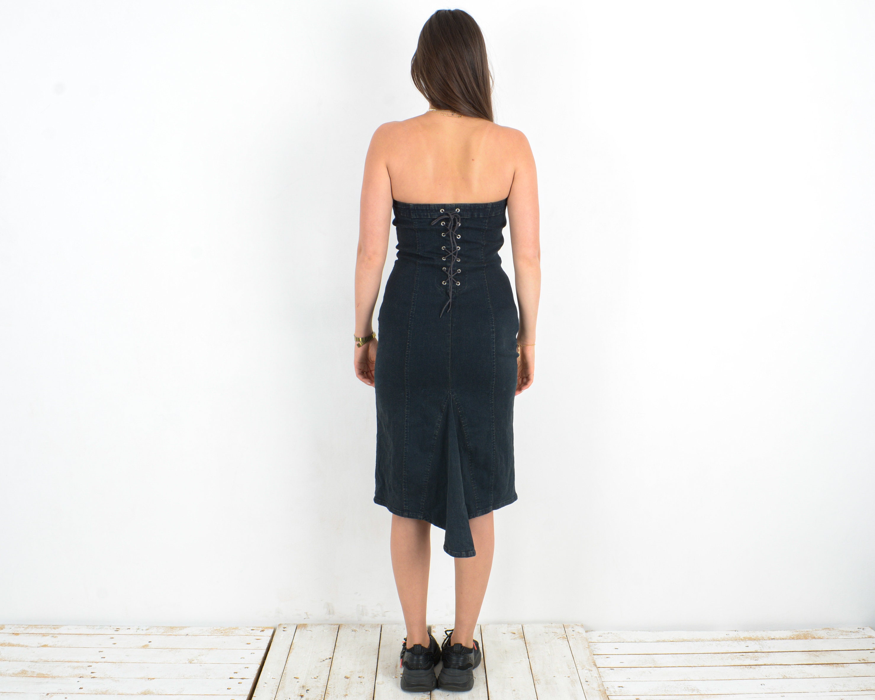 Black denim off the shoulder dress discount