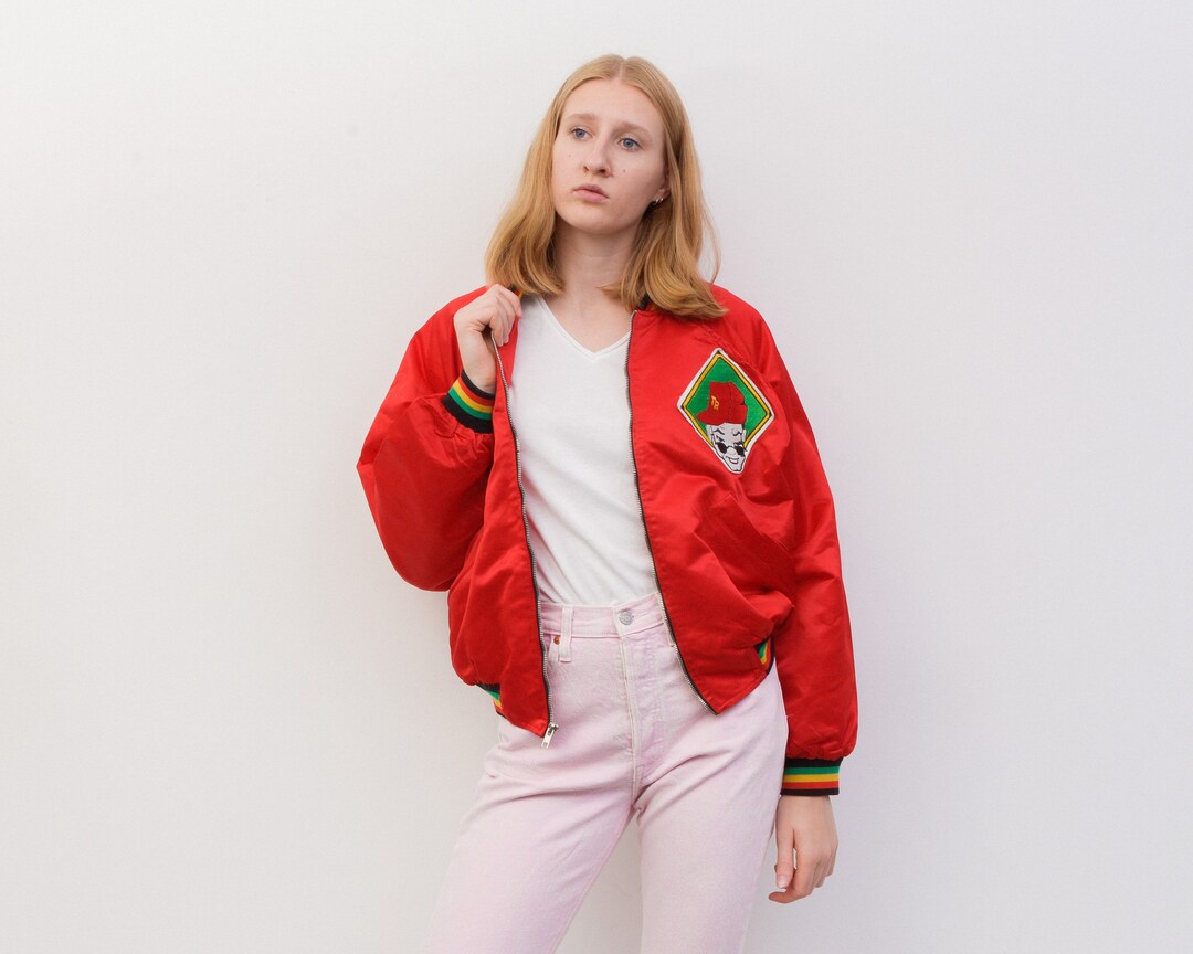 Vintage Tag Rag Women's S Red Satin Bomber Made in USA, Flying Flyer