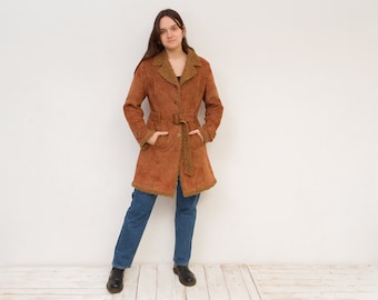 Vintage Authentic Style Women's L Faux Suede Faux Fur Jacket Coat Afghan Brown Warm Overcoat Belted