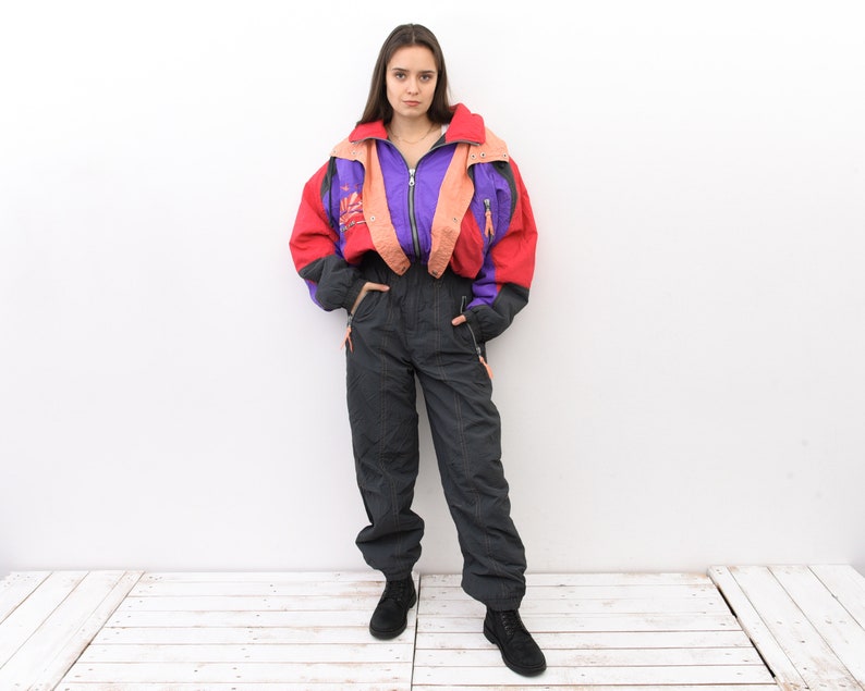 Vintage 90s Women XXL Funky Colour Blocks Multi Snowsuit Ski Suit Embroidered Dark Grey