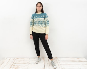 Vintage Dames M Wollen Trui Pullover Jumper Gebreide Mock Neck Winter Kerstmis Warm Casual Wit Blauw Kerstmis Retro Alledaags Veelkleurig Top 2v