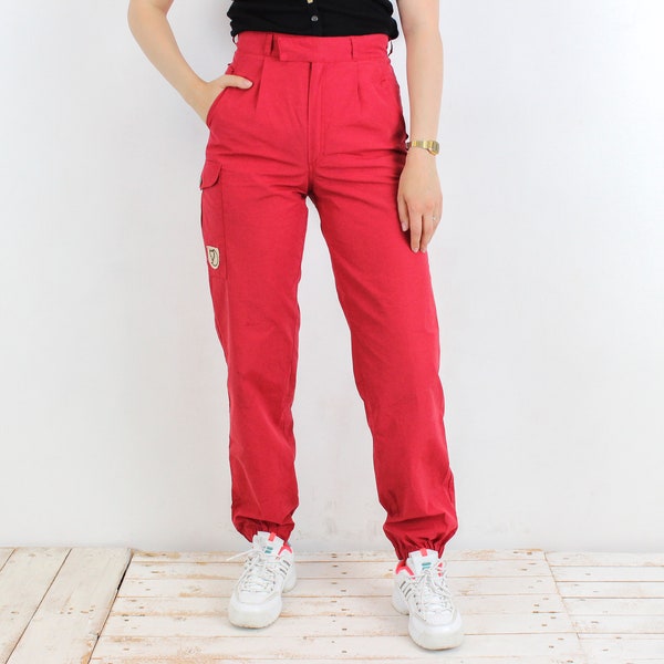 Vintage FJALLRAVEN Women M Cargo Pants Light Zip Fly Trousers EU 38 High Waisted Red Side Pocket Elastic Hems Outerwear Hiking Working 4k