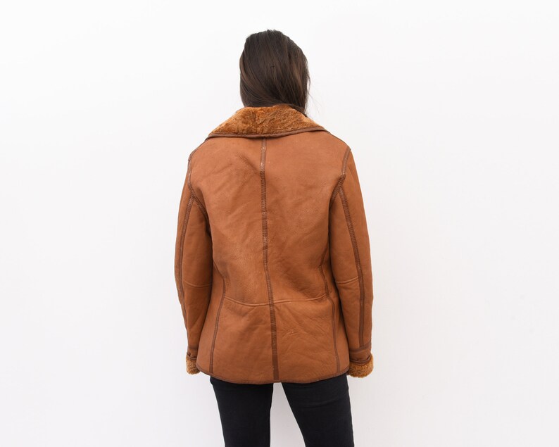 Vintage Women/'s Orange L Double Breasted Leather Coat Shearling Sherpa Jacket Winter Warm
