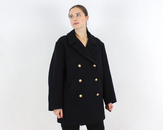 Vintage LE GLAZIK French Women L Wool Navy Peacoat Jacket 