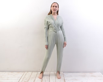 Vintage jaren 90 Dames M Joga Romper pak, gemaakt in Italië Gymnastiek Playsuit Jumpsuit Overalls Comfy Home Wear Mint Italiaans, Lange mouw broek 2d
