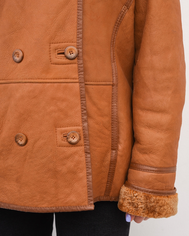 Vintage Women/'s Orange L Double Breasted Leather Coat Shearling Sherpa Jacket Winter Warm