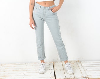 Vintage LEVI Strauss Women S 501 Jeans Grey Denim Trousers Pants Off White Cropped button fly 501S, Taper Tapered Women's Ladies Classic 2r