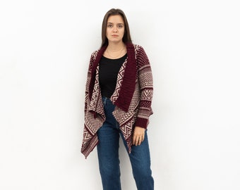 Cardigan maglione giacca da donna vintage M/L maglione lavorato a maglia inverno Natale viola caldo etnico tradizionale Flowy Top 2v