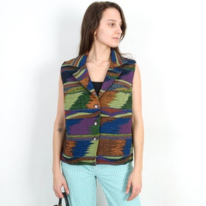 Vintage Women's Woven Vest L Tank Gilet Waistcoat Multi Colour Aztec Cotton Authentic, Southwestern Jacket y2k coat cardigan Blazer 2d image 1