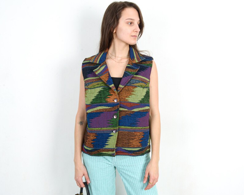 Vintage Women's Woven Vest L Tank Gilet Waistcoat Multi Colour Aztec Cotton Authentic, Southwestern Jacket y2k coat cardigan Blazer 2d image 1