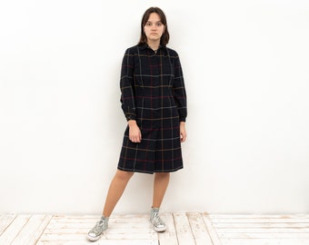 Vintage Women M/L Midi Wool Dress Check Plaid Tartan Collared Shirt Dress Ladies Skirt Navy Blue Casual Button, Bottoms Winter Lumberjack 2n