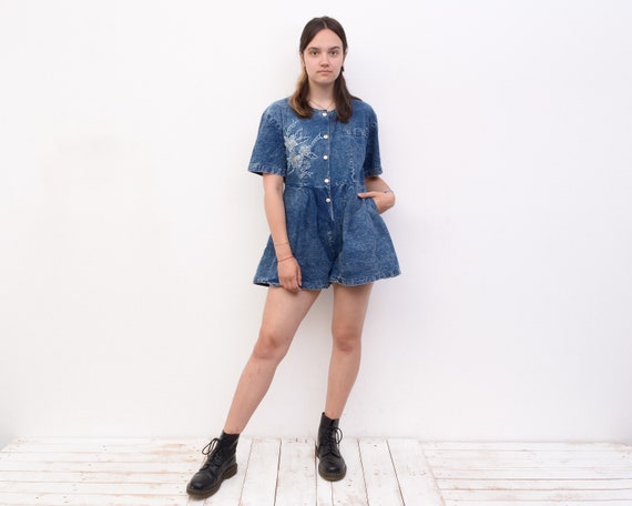 Vintage y2k Women's S M Denim Shorts Romper Shirt… - image 2