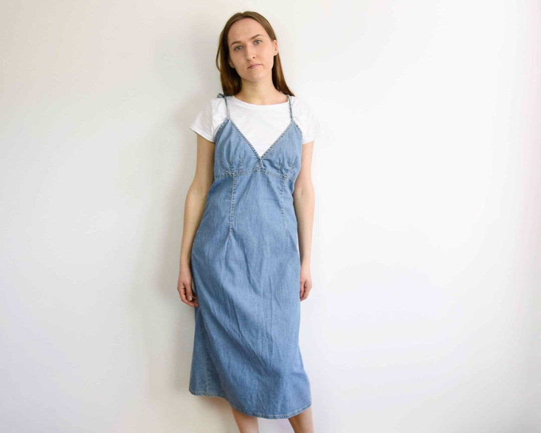 Vintage Women's L Denim V Neck Strap Midi Dress Sarafan - Etsy
