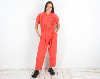 Vintage Women S M Overalls Coveralls Cotton Red Dungaree Jumpsuit Floral Embroidery Button Up Synched Work Clothes 2v