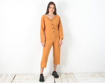 Vintage Damen 90er L Overall Baumwolle Latzhose Arbeitskleidung Orange leichter Overall, Arbeit Chore Sommer Coveralls Knopf abgeschnitten weites Bein 2v