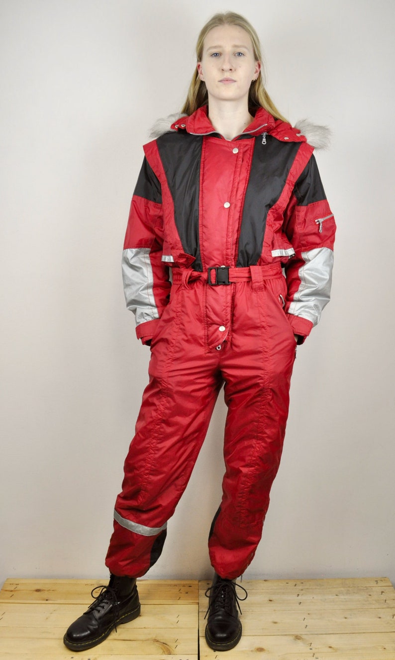 Women S Red Silver Snowsuit Ski Vintage Suit Hooded Sports Etsy