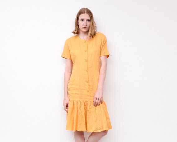 Vintage Women s Button up 90 s M S Midi Dress Yellow Breezy Summer Ruffle Bottom Retro Skirt Rero Cute Girl Boho Skirt Tailordress 2v Etsy UK