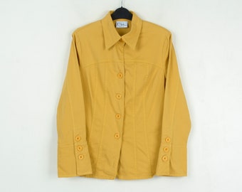Vintage NP Damen Hellgelbe Jacke Button Up Blazer Sportmantel gepolsterte Schultern Büro Casual Anzug Top 2v