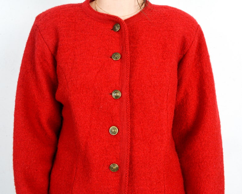 Vintage 80's TALLY HO Womens Petite M Wool Trachten Cardigan Sweater Jacket Jumper Red Button Up Octoberfest Warm Winter, Trachten Jager 3s image 5