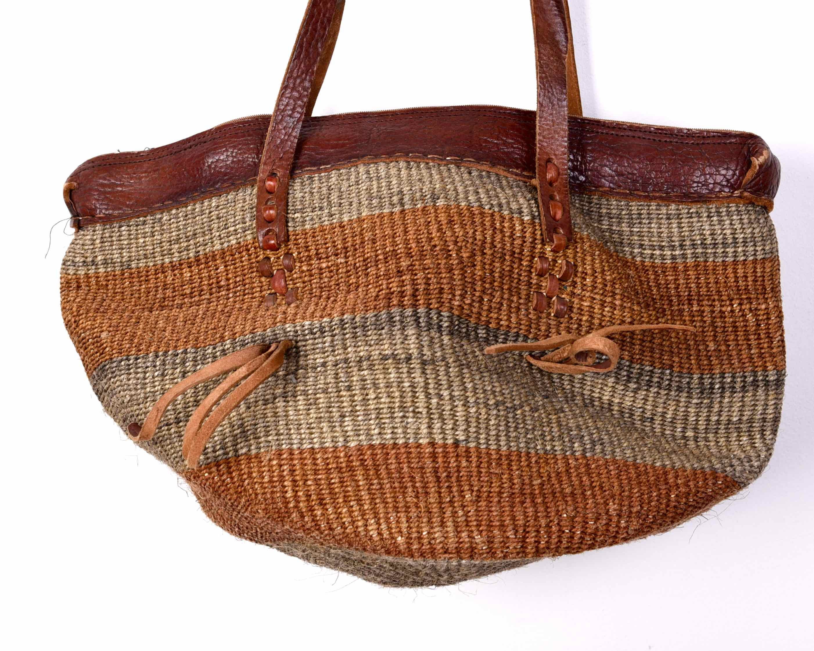 Vintage Natural Woven Sisal Kiondo Bag Leather Handles Stripe | Etsy