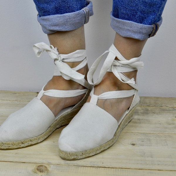 Women White Ecru Medium Wedges Lace Up Sandals Flats Wedges 37 EUR Espadrilles 4 UK 6 US Ladies Summer Spring 2v