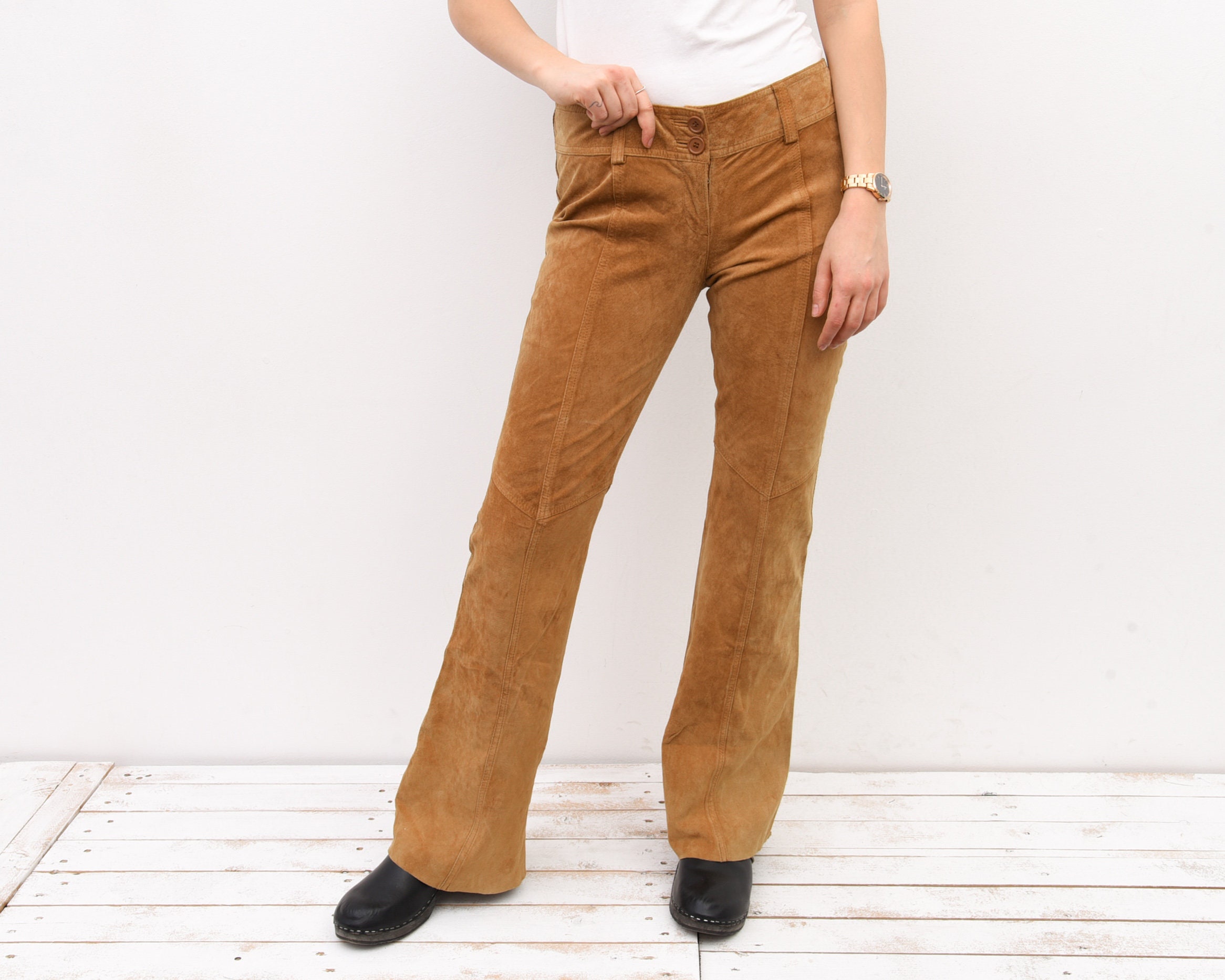 Women's W33 L33 Suede Leather Pants Tan 