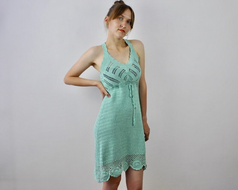 Women/'s Vintage S Crocheted Knitted Strap Mini Mint Green Dress Romantic Boho Bohemian
