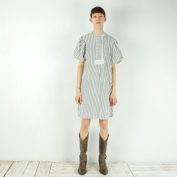 Vintage SIGNORINA Women M Midi Shirt Dress Striped Short Sleeve Oversized Dress Nightgown Free Time Casual Night 4b