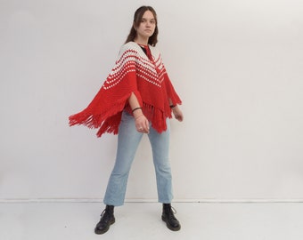 Vintage Women One Size Wool Knit Poncho Sweater Cape Boho Hippie Fringe Red White Knitwear Christmas Warm 2v