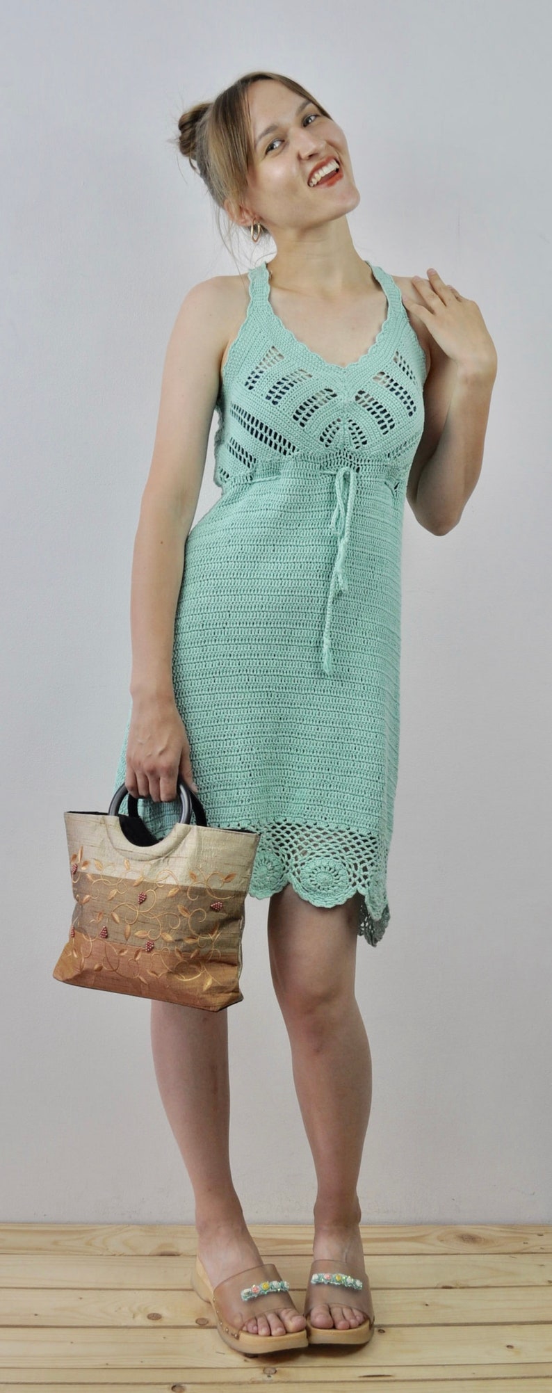 Women/'s Vintage S Crocheted Knitted Strap Mini Mint Green Dress Romantic Boho Bohemian