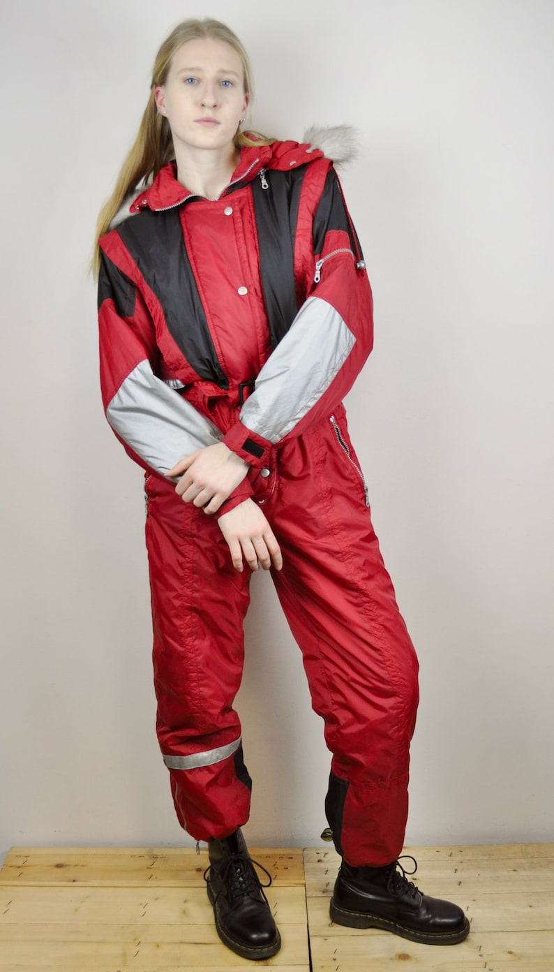 Women S Red Silver Snowsuit Ski Vintage Suit Hooded Sports Etsy UK