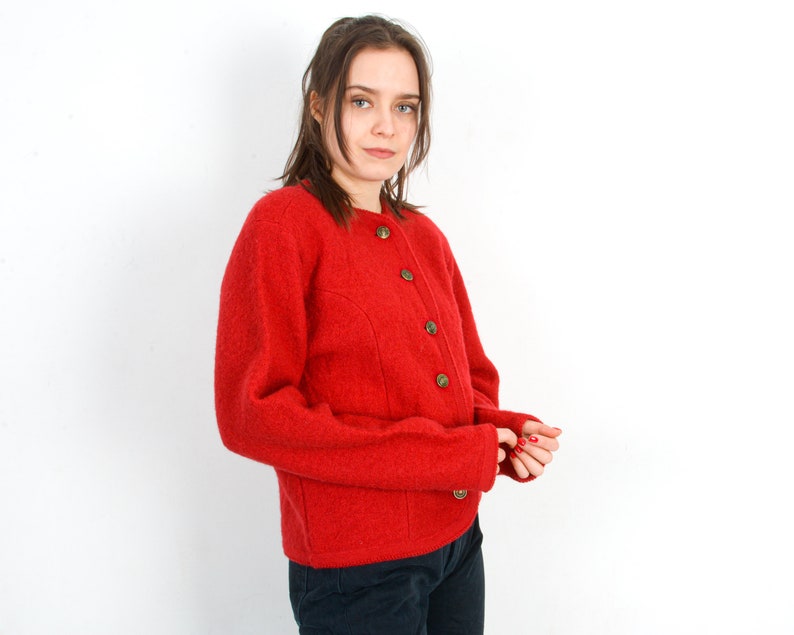 Vintage 80's TALLY HO Womens Petite M Wool Trachten Cardigan Sweater Jacket Jumper Red Button Up Octoberfest Warm Winter, Trachten Jager 3s image 3